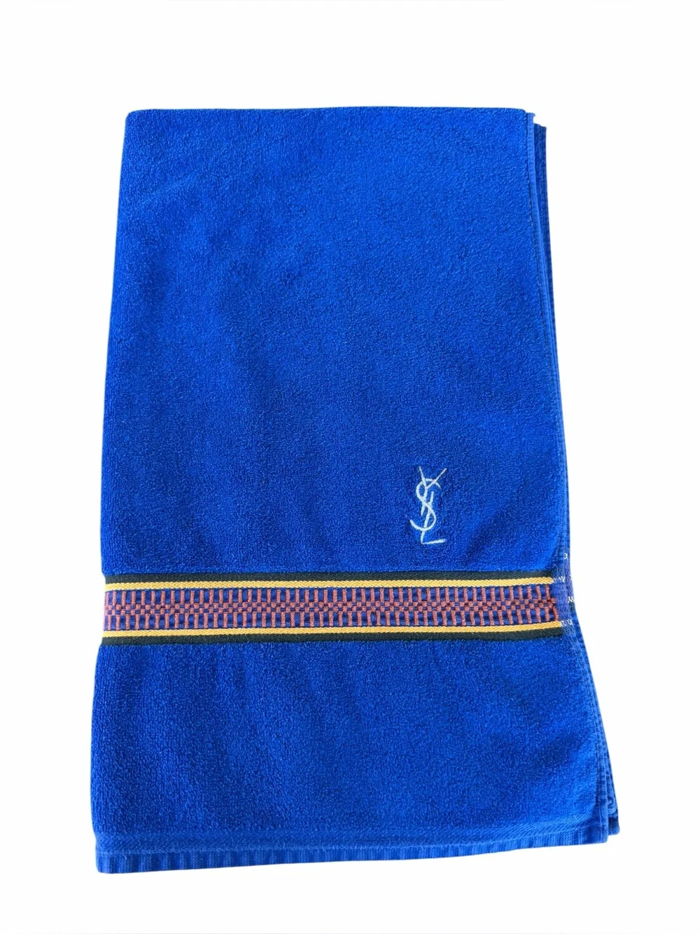 VTG Yves Saint Laurent YSL Bath Towel Bright Blue Embroidered Edge 25x41 France